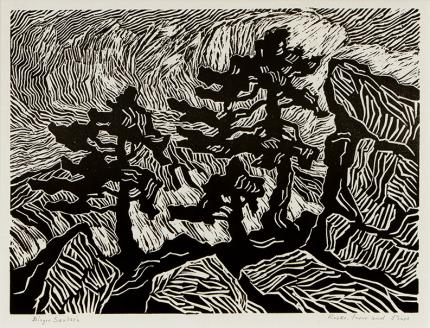 Birger Sandzen, "Rocks, Snow and Pines (Rocky Mountain National Park, Colorado)", woodcut, 1921 painting for sale purchase auction consign denver colorado art gallery museum