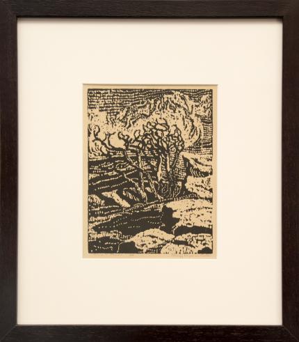 Anna Keener, "Bluff Tops in Fall", woodcut, 1919 painting for sale purchase consign auction art gallery denver colorado historical sandzen student
