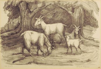 Anna Elizabeth Keener, "The Goats", lithograph, 1941 painting for sale purchase consign auction art gallery denver colorado historical sandzen student