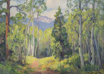 Helen Brooks Hagerman, "June in Colorado (Mt. Rosalie as seen from Turkey Creek)", oil, circa 1940 painting fine art for sale purchase buy sell auction consign denver colorado art gallery museum