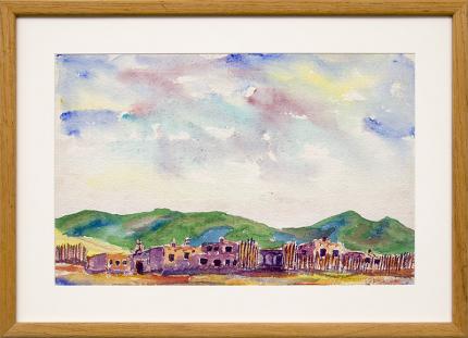 Frank "Pancho" Gates, "Untitled (Landscape of Adobe Buildings with Mountains)", watercolor, vintage art for sale