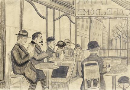 Hilaire Hiler, "Untitled (Café Du Dome, Paris)", graphite, 1927, cafe du dome, paris, france, original, vintage, drawing, sketch, male, female, 1920s, newspaper, wine, bar, 