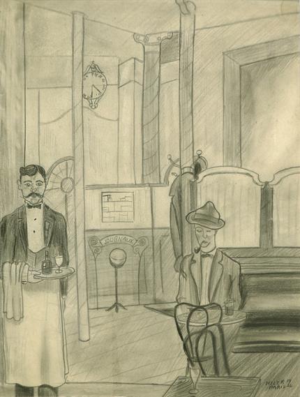 Hilaire Hiler drawing for sale, cafe, Man Smoking a Pipe, Paris Café, waiter, graphite, 1926