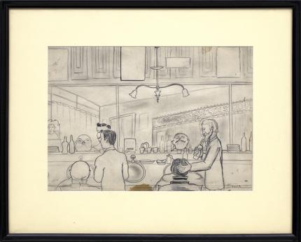 Hilaire Hiler, "Untitled (Barber Shop, Paris)", graphite, circa 1925