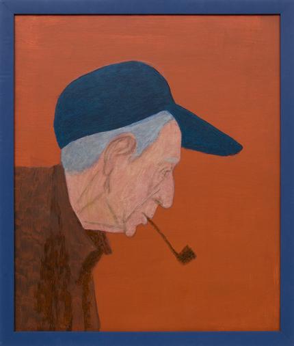 Margo Hoff, painting for sale, Portrait of Man Smoking a Pipe with Orange Background, acrylic, casein, graphite, masonite, blue, brown, gray, figurative, woman artist, chicago, female