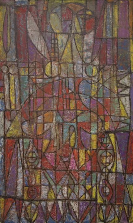 Edward Marecak "Grand Incantation", pastel 1950 vintage abstract painting for sale, abstract art, red, purple, yellow, gold, pink, green, turquoise