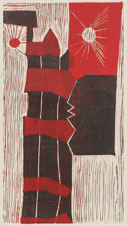 Edward Marecak, Red Suns, woodcut (Woodblock), 1940, 1950, 1960,1970, Print, modernist, midcentury, modern, abstract, Art, for sale, Denver, Colorado, gallery, purchase, vintage