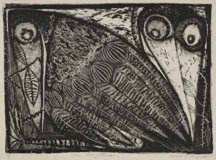Edward Marecak, Looney Birds, woodcut, Woodblock, circa 1940, 1950, 1960, 1970, black, white, print, Vintage, Fine art, for sale, purchase, gallery, museum, Denver, Colorado, consign, midcentury, mid century, mid-century, modern, bird, feather