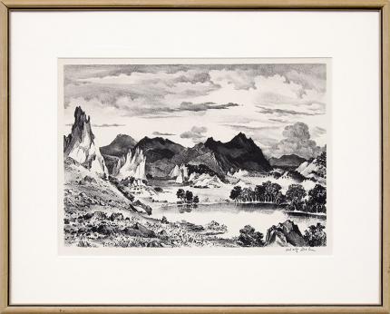 Adolf Dehn, "Lake in the Garden of the Gods", vintage, Colorado, art for sale, lithograph, 1949, wpa era, print, broadmoor academy, Associated American Artists