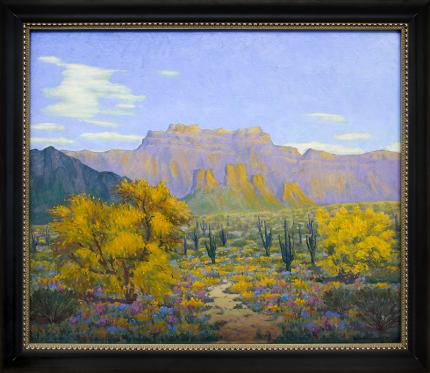 Harold Skene, vintage oil painting for sale, Desert Gold, Southwestern Desert Landscape, Autumn, 1959, yellow, blue, green purple, sagebrush, sajuaro, butte, mountain, sunset, sunrise