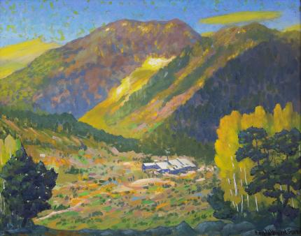 Harold Vincent Skene, "Camp Bird Mine (Ouray, Colorado)", vintage oil landscape painting for sale, 1965, mountains, summer, spring, green, aspen trees, cabin, telluride