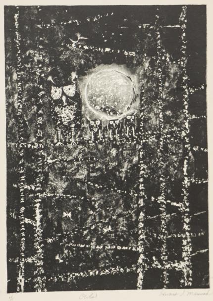 Edward Marecak, Owls, lithograph, circa 1940, 1950, 1960, 1970, black, white, print,  Vintage, Fine art, for sale, purchase, gallery, museum, Denver, Colorado, consign, midcentury, mid century, mid-century, modern 