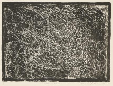 Edward Marecak, "Scribble Witches #1", lithograph, circa 1940, 1950, 1960, 1970, black, white, print, Vintage, Fine art, for sale, purchase, gallery, museum, Denver, Colorado, consign, midcentury, mid century, mid-century, modern, witch, abstract, female, figure, primitive, folk