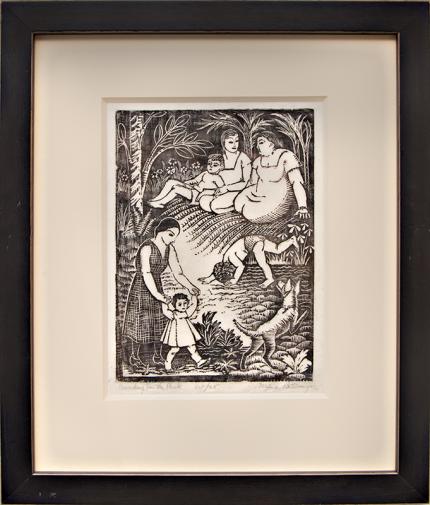 Mina Conant Billmyer, "Sunday in the Park 10/25", woodcut (Woodblock) painting fine art for sale purchase buy sell auction consign denver colorado art gallery museum