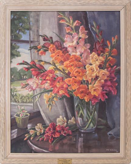 Glads (Interior Still Life with Gladiola) Nellie Killgore Klinge 1950s oil painting fine art for sale purchase buy sell auction consign denver colorado art gallery museum