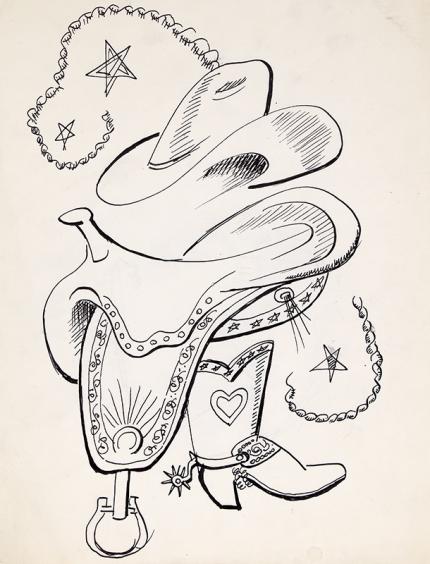 Arnold Ronnebeck, "Hat, Saddle and Boot #1", ink, circa 1933, black & white, drawing, vintage western art for sale, denver artists guild