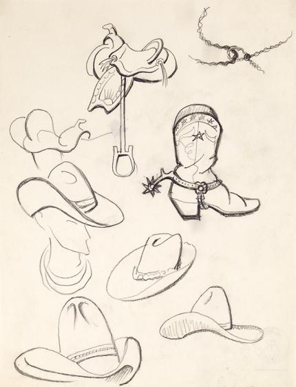 Arnold Ronnebeck, "Saddle, Boot and Hat Sketches, Colorado", graphite, circa 1933, vintage, art for sale, black and white, western, cowboy, western