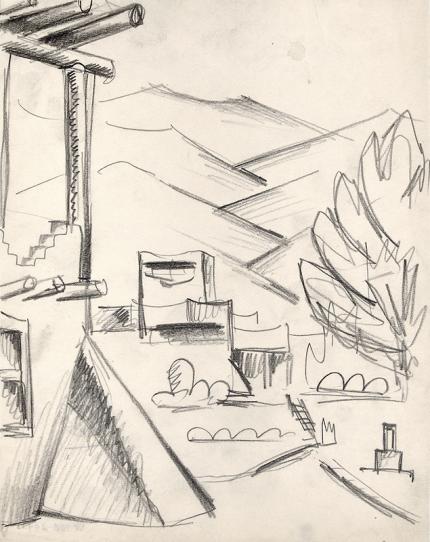 Arnold Ronnebeck, "Balcony, Mabel Dodge Luhan House, New Mexico", graphite, 1925, vintage drawing, art for sale, denver artist guild