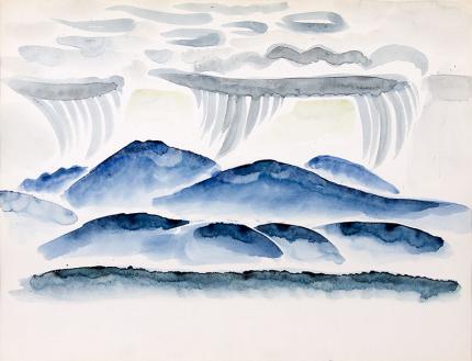 Arnold Ronnebeck, "Blue Mountains in Rain, New Mexico", watercolor, painting for sale,  circa 1927, vintage, original, signed, blue, white, green