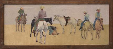 Wolfgang Pogzeba, "Mounted Cowboys", oil, 1963 painting fine art for sale purchase buy sell auction consign denver colorado art gallery museum     