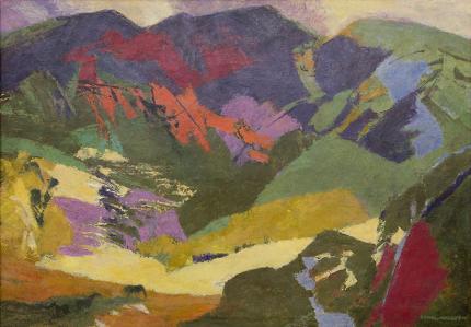 abstract mountain landscape, original framed oil painting 1970s oil painting, mid century landscape broadmoor academy artist