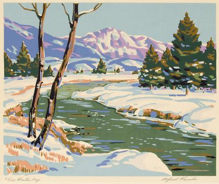 Alfred James Wands vintage art for sale, Winter Day Colorado Mountain Landscape, serigraph/silkscreen