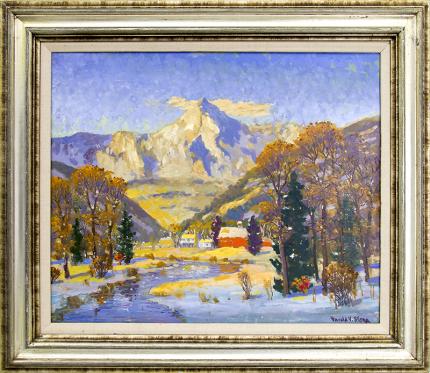 Harold Skene vintage painting for sale, Colorado Winter (Mountain Landscape with river and Snow)", oil, 1968 cabin art
