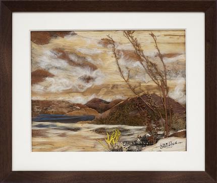 Pansy Stockton, Sun painting assemblage "Sunset on Storrie Lake (New Mexico Landscape)", landscape, circa 1930, cornelia