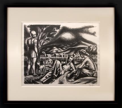 Hayes Lyon, modernist, art for sale, vintage print, Resting Near the Farm, lithograph, circa 1951, bather, dog, woman, reclining, man, picnic, mountain landscape, black, white, pond
