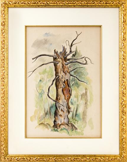 Louise Ronnebeck, Tree Stump, forest interior, vintage, art, for sale, watercolor, painting, woman artist, female, green, brown, gray, gnarled, Emerson 