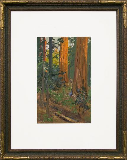 Charles Partridge Adams, "Untitled (Interior Forest Scene with Redwood Trees, California)", oil painting, for sale, vintage, tonalism, circa 1930, red, green, yellow, blue