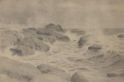 Charles Partridge Adams, "Untitled (Crashing Waves, California Coast)", graphite, early 20th century, landscape, marine, drawing for sale, vintage