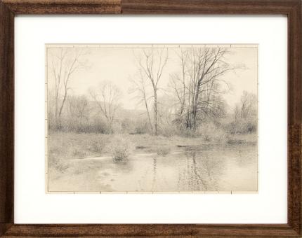 Charles Partridge Adams, art for sale, Creek in Winter, Colorado, landscape, drawing, graphite, early 20th century, vintage, antique, front range, gray, black, white, brown, frame