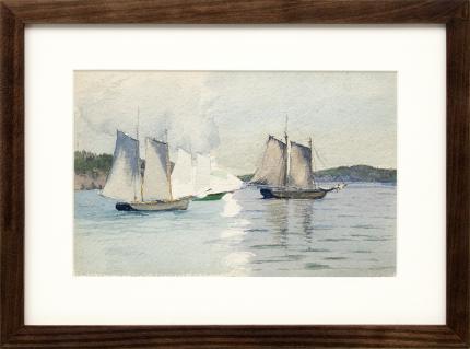 Charles Partridge Adams, "Untitled (Sailboats)", watercolor, circa 1920, vintage painting for sale, california art, plein air, marine, coastal, landscape, pale blue, green, white, gray