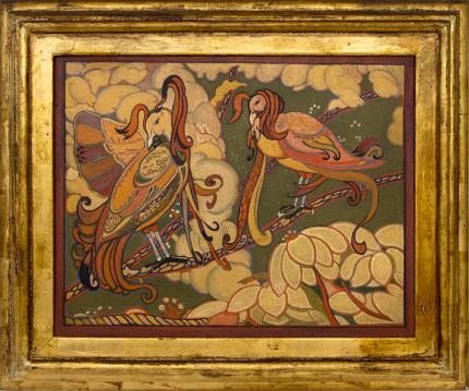 John Edward Thompson, "Orientalist Study (Persian Birds, Mural Study)", oil, circa 1925, art for sale, art nouveau, art deco, design, green, gold, red, orange, blue, flowers, birds, persian, orient