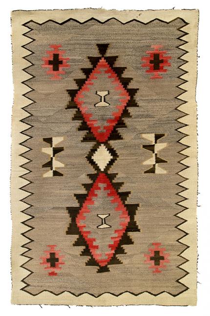 Navajo Rug, vintage, antique, klagetoh, trading post, pan-reservation, southwestern, art for sale, area rug, weaving, textile, tribal, gray, white, red, brown, black, hourglass, diamond
