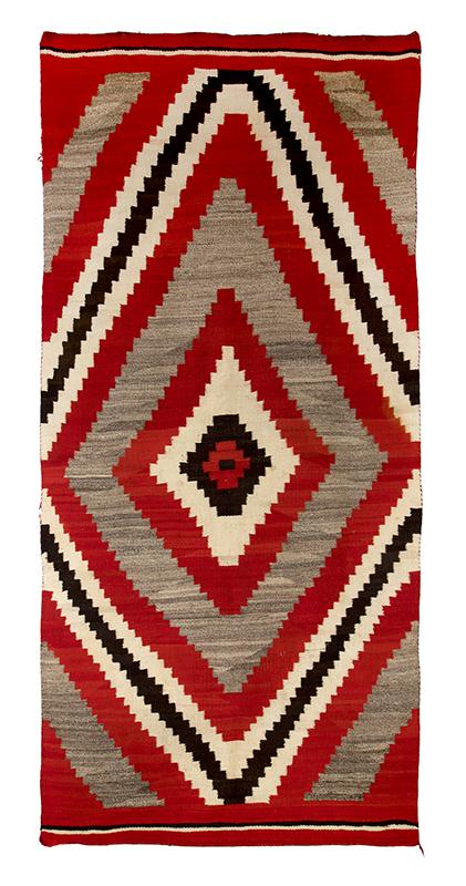 vintage navajo rug for sale, ganado trading post, red, brown, black, white, ivory, gray, diamond pattern, cabin, textile, weaving, early 20th century, circa 1900, circa 1910