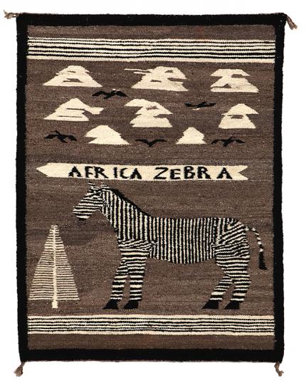 Pictorial, Navajo Rug, Africa, Zebra, Tree, Bird, Clouds, brown, black, white, Dine, Art, for sale, Denver, Colorado, gallery, purchase, vintage, textile, weaving, antique, native American, American Indian, southwest, wool, 1955, 20th century