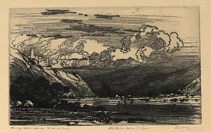 George Elbert Burr, The Rhine Below St. Goar , Rheinfels Castle, Germany, etching, circa 1905, engraving, fine art, for sale, denver, gallery, colorado, antique, buy, purchase