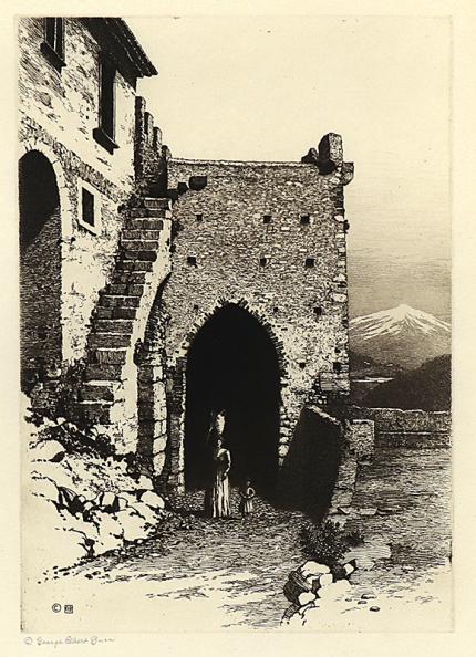 George Elbert Burr, Catania Gate, Taormina, Italy, etching, circa 1905, engraving, fine art, for sale, denver, gallery, colorado, antique, buy, purchase