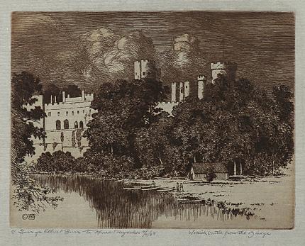 George Elbert Burr, Warwick Castle from the Bridge , England, etching, circa 1905, engraving, fine art, for sale, denver, gallery, colorado, antique, buy, purchase