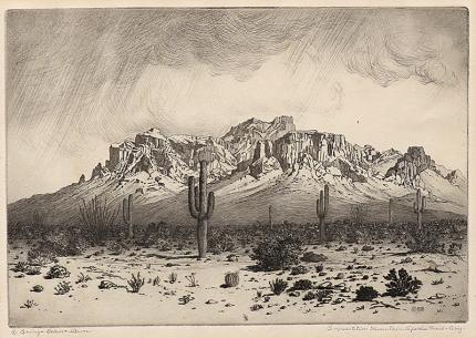George Elbert Burr, Superstition Mountain, Apache Trail, Arizona, etching, circa 1925, engraving, fine art, for sale, denver, gallery, colorado, antique, buy, purchase