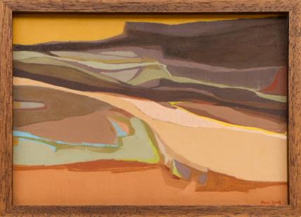 Ann Sink, "Desert Landscape", acrylic, 1960, painting, landscape, southwest, modernist, modern, abstract, brown, orange, red, purple, green, earth tone, woman, artist, Fine art, art, for sale, buy, purchase, Denver, Colorado, gallery, historic, antique, vintage, artwork, original, authentic, new mexico, arizona  