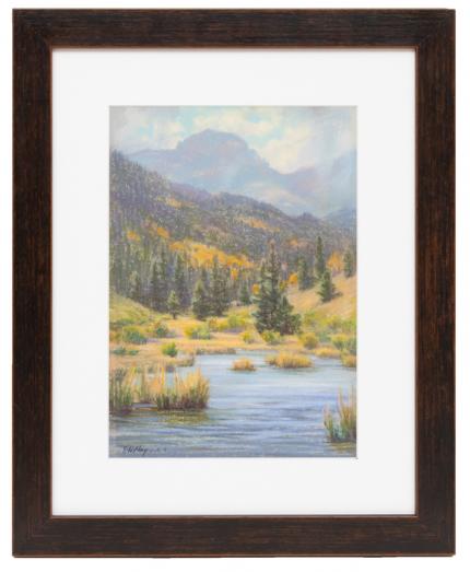 Elsie Haddon Haynes, Colorado Mountain Landscape with River, Autumn, pastel, traditional painting, woman artist, circa 1930-1950, art for sale gallery denver