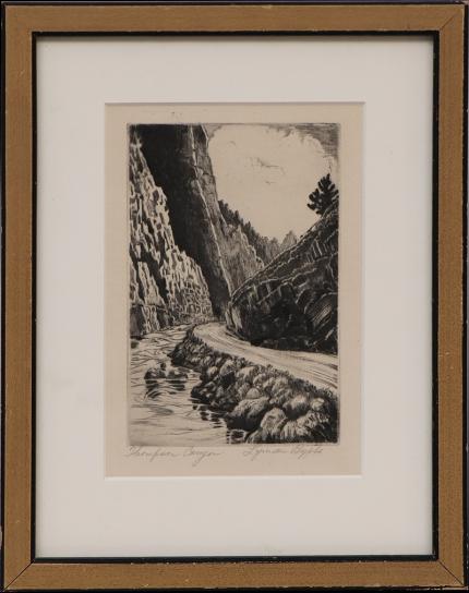Lyman Byxbe, "Thompson Canyon", Big Thompson, Near Estes Park, Colorado, etching, circa 1939, 1930s vintage art for sale gallery denver colorado