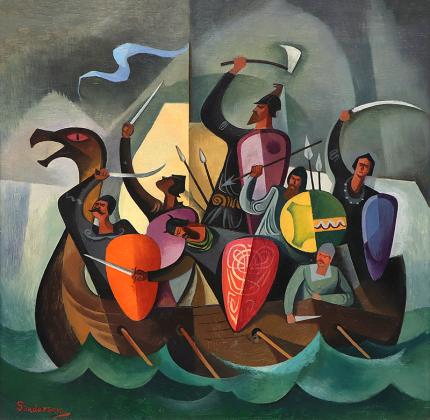 William Sanderson, Vikings at Sea, oil painting, modern, colorado artist, boat, shield, cubist art for sale denver gallery