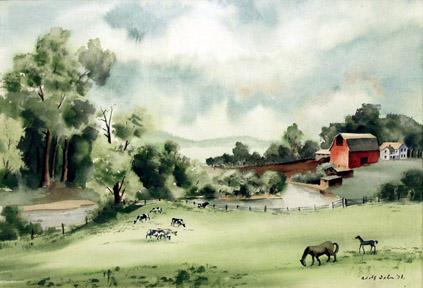 Adolf Arthur Dehn, "Untitled (Farm by a River)", watercolor on paper, 1938