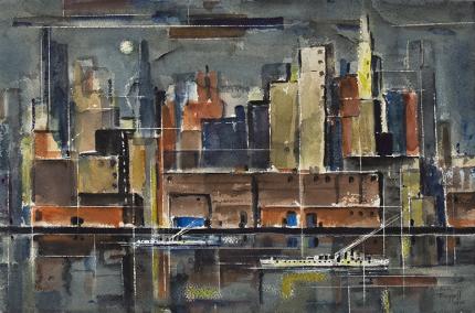 Charles Bunnell painting for sale, New York, mid-century modern, Skyline, hudson river, manhattan, boats, evening, night, cityscape, charles ragland bunnell    