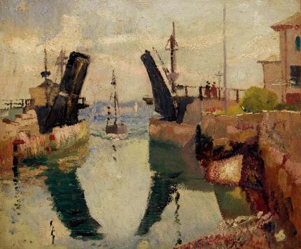 Richard Hayley Lever, "The Drawbridge, Westchester, NY", oil, c. 1925