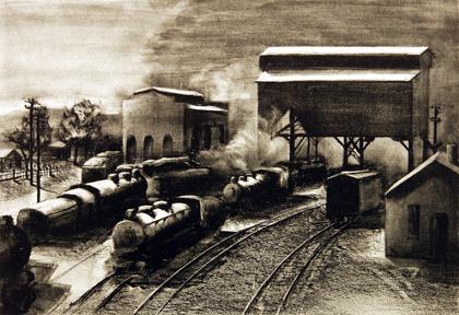 Vina Jane Cames, "Trains Awaiting Dispatch", lithograph, 1941